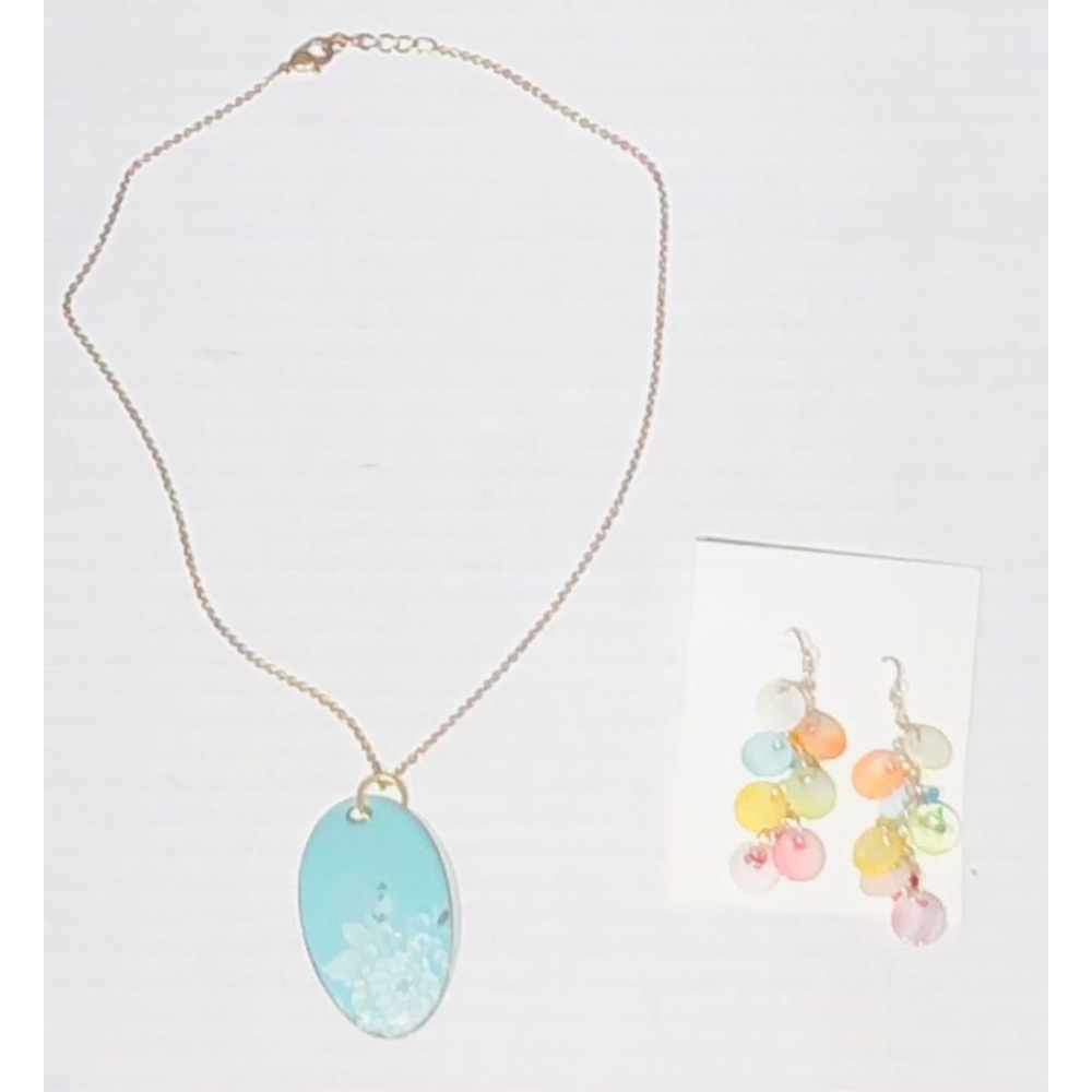 Vintage Turquoise Stone Pendant Necklace and Earrings Set